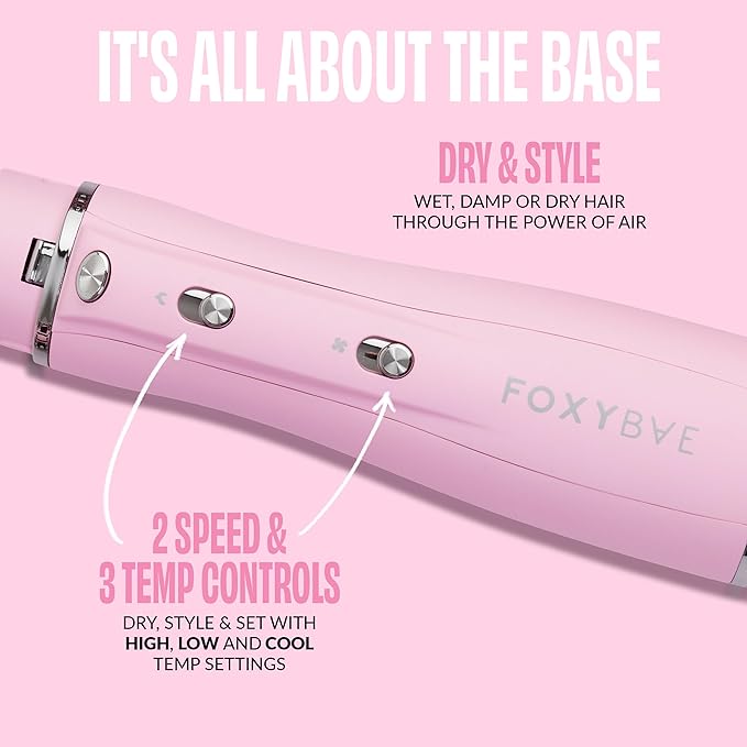 FoxyBae 3-in-1 Ceramic Interchangeable Hair Tools - Blowout Dryer - 3 Detachable Heads - 2.4" Blowout Brush, 1.5" Hot Round Brush & Drying Cylinder Hair Dryer Brush & Hair Styling Set [Party Pink]