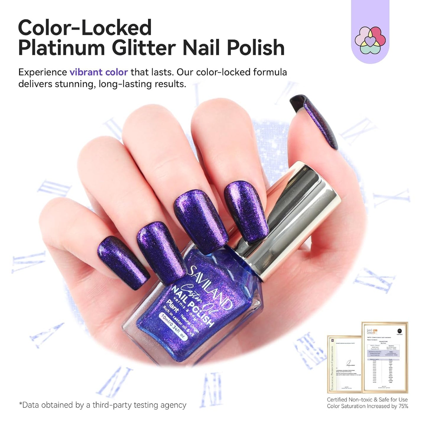 SAVILAND Color Artistry Blue Purple Chameleon Nail Polish - 7 Days Shimmer Holographic Glitter Fingernail Polish Air Fast Dry, Blue to Purple Color Shift Multichrome Metallic No Require Cured