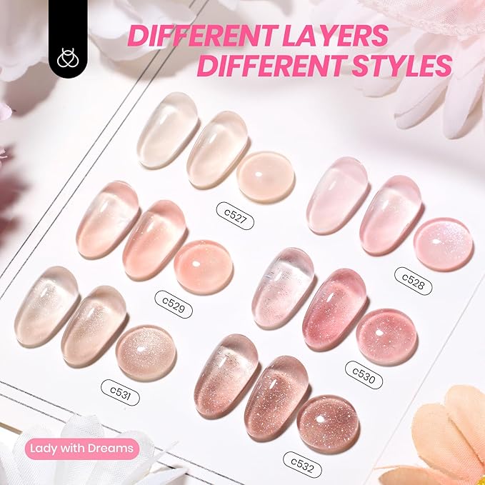 Beetles Jelly Gel Nail Polish Set - 6 Colors Nude Pink Brown Shimmer Giltter Fall Gel Polish Kit Sheer Transparent Effect Soak Off UV Lady with Dreams Collection Gift for Women