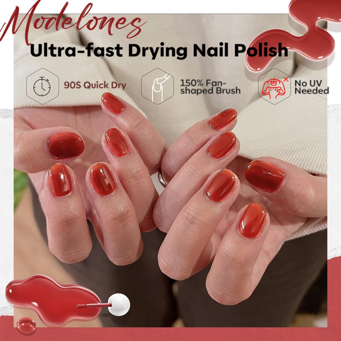 modelones Jelly Red Nail Polish, Sheer Dark Red Clear Translucent Semi-Transparent 15 ml Quick Dry Nail Lacquer Strengthener Long Last Finger Toe Nail Art DIY Manicure Gift for Women Girls 0.5 Fl Oz