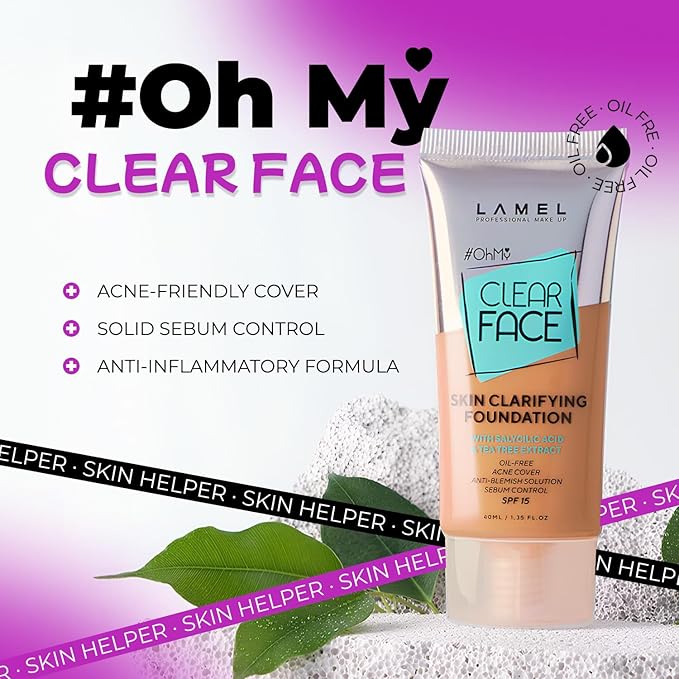 Lamel- Oh my Clear Face Foundation- SPF15-407 Meiduim Tan | Contains tea tree extract and salicylic acid |Controls sebum production |Anti-blemish formula |SPF 15 |Oil free foundation | 40ml