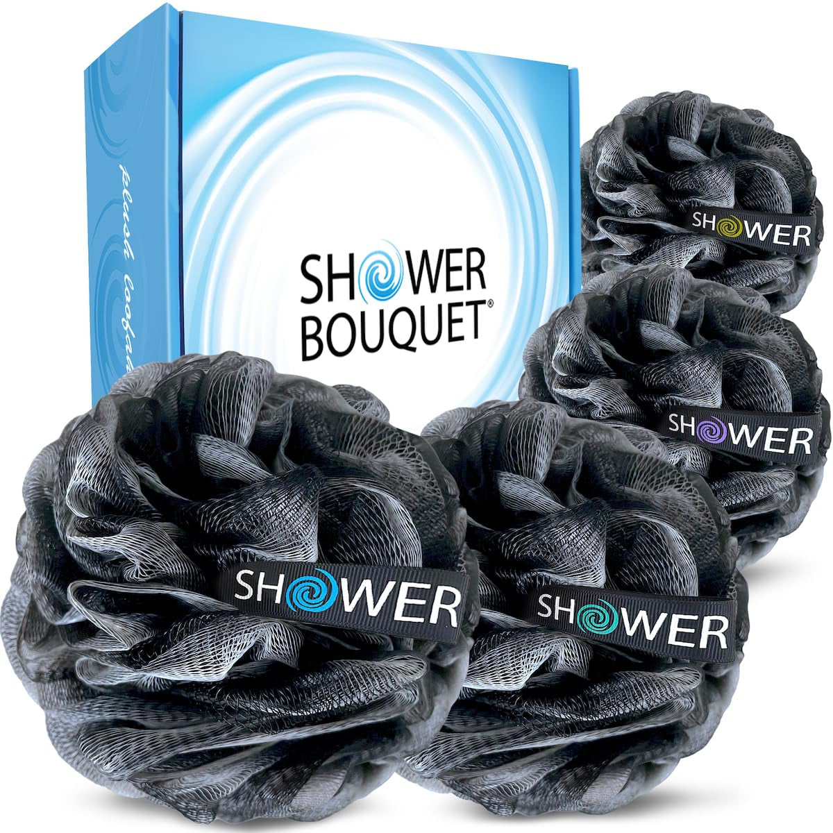 Loofah-Charcoal Bath-Sponge Xl-Color-4-Pack // Extra Large 75G Soft Mesh Black Luffa Loofa Loufa Puff Set/Exfoliating Body Scrubber for Women and Men - Exfoliate & Soothe Face & Body