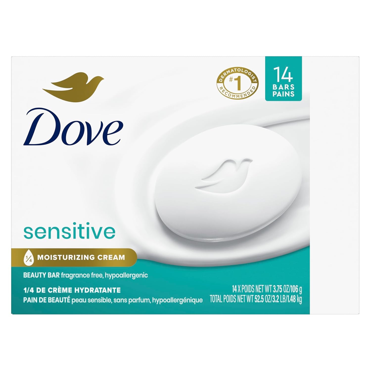 Beauty Bar More Moisturizing than Bar Soap for Softer Skin, Fragrance-Free, Hypoallergenic Beauty Bar Sensitive Skin with Gentle Cleanser 3.75 Oz 14 Bars