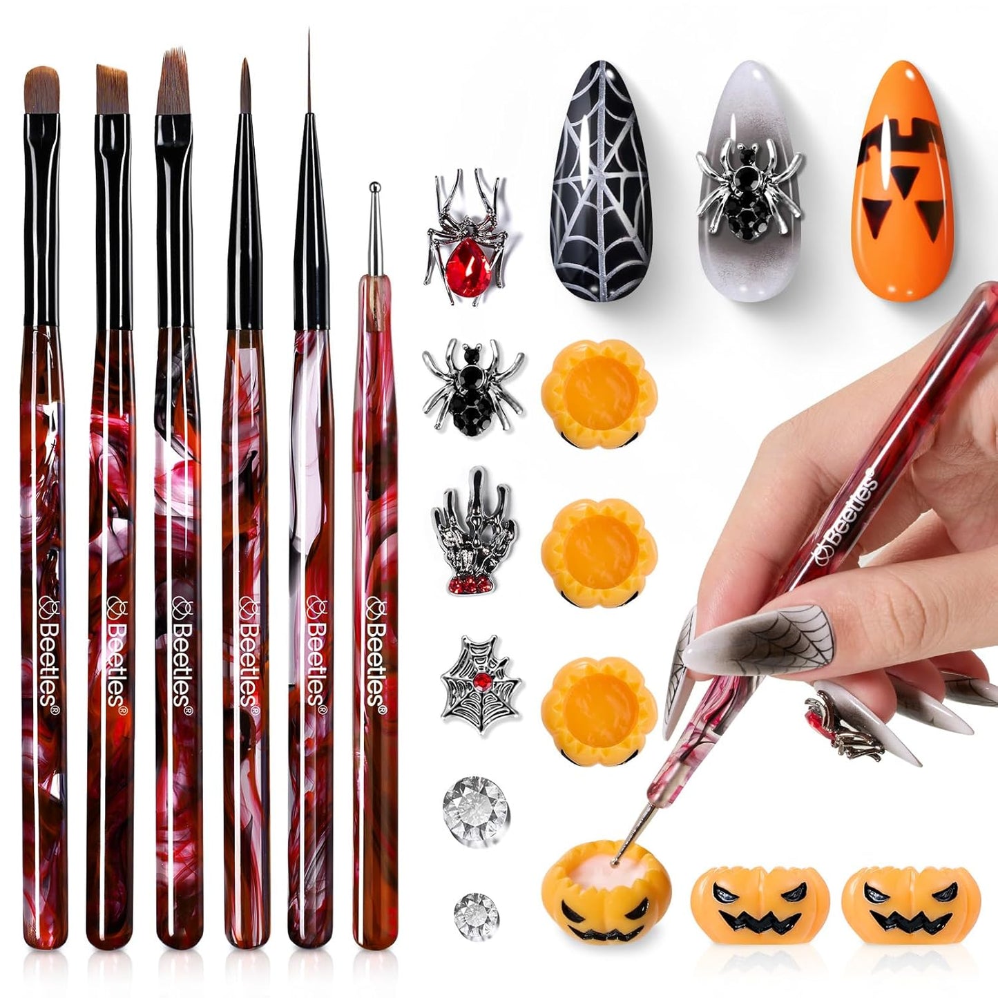 Beetles Halloween Nail Art Brushes, Blood Entwined Nail Art Pens 6pcs with Pumpkin Palette Holder Halloween Charms Manicure Design Dotting Tools Draw Liner Gradient French Brushes DIY Nails Supplies