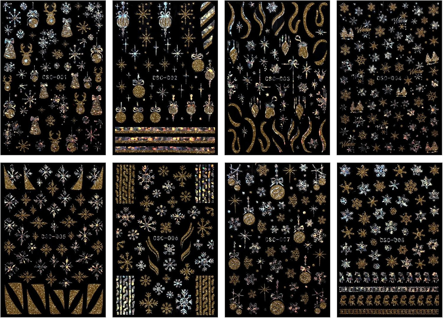 JMEOWIO 8 Sheets Christmas Gold Glitter Silver Nail Art Stickers Decals Self-Adhesive Snowflake Winter Holiday Nail Supplies Nail Art Design Decoration Accessories