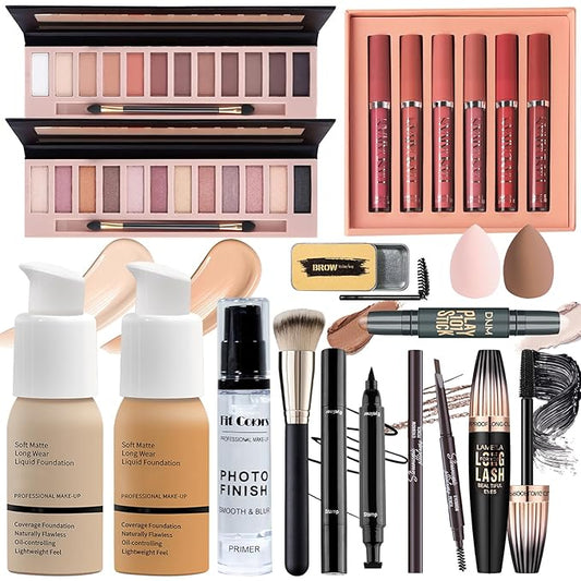 Full Makeup Set Kit for Women Girls Teens, Makeup Present Set, Foundation Face Primer, Eyeshadow Eyeliner Eyebrow Pencil Soap Mascara, Counter Stick Liquid Lipsticks, Brush & Sponges