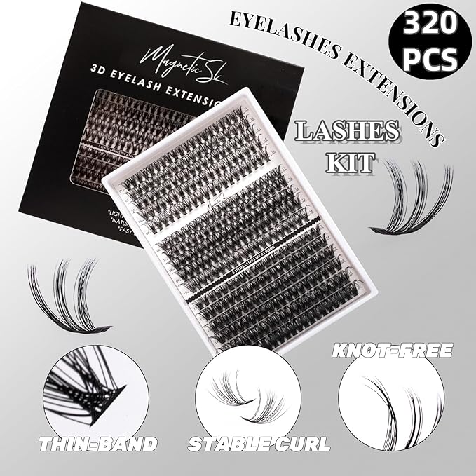 DIY Lash Extensions Kit 320pcs Individual Lashes Clusters 40D 50D 100D D Curl Eyelash Extension Kit with Applicator and Lash Bond&Seal, Lash Remover For False Eyelash Mix 11-20mm (40D+50D+100D KIT)