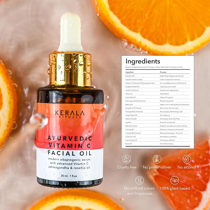 Ayurvedic Vitamin C Face Oil with Rosehip Oil, Bakuchiol, Ashwagandha, and Squalane, Hydrating, Brightening, and Repairing Serum for Dark Spots, Fine Lines, and Wrinkles, Clean Luxury Skincare