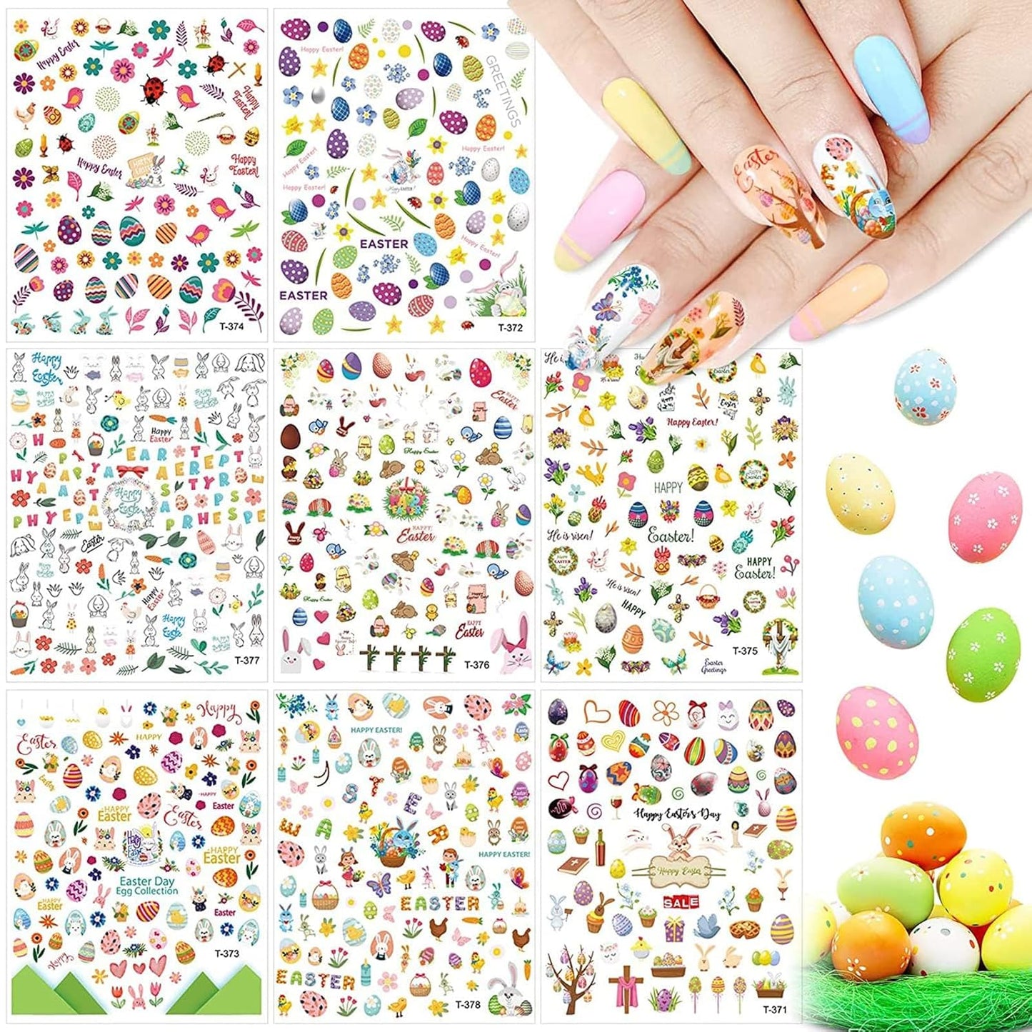 Kalolary 8 Sheet Easter Nail Art Stickers Self Adhesive Easter Nail Stickers DIY Nail Decals Bunny Eggs Chick Rabbits Flower Nail Design Sticker Nail Decoration for Women Girls Kids
