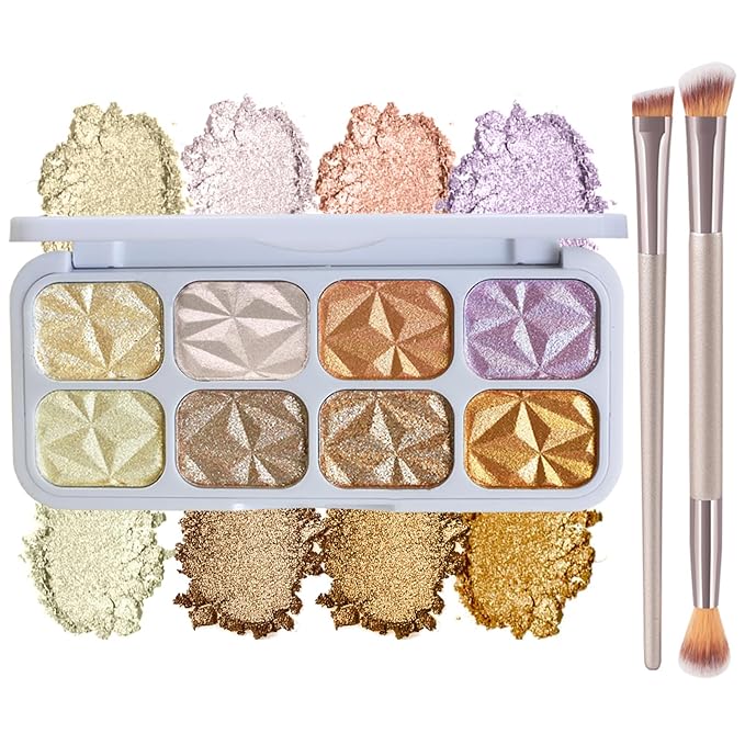 Face Highlighter Palette with Mirror, 8 Colors Glitter Eyeshadow Palette, Diamond Shimmer Glow Contour Palette for Face Highlighters & Luminizers, Long Lasting, Makeup Brush Include