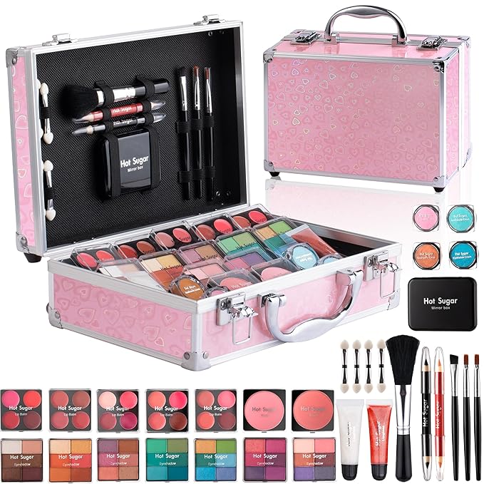 Hot Sugar Makeup Kit for Teenager Girls - Full Starter Cosmetics Set with Eye Shadow Lip Balm Blush Lip Gloss Brush Lip Pencil Eye Pencil and Mirror (Pink Love)