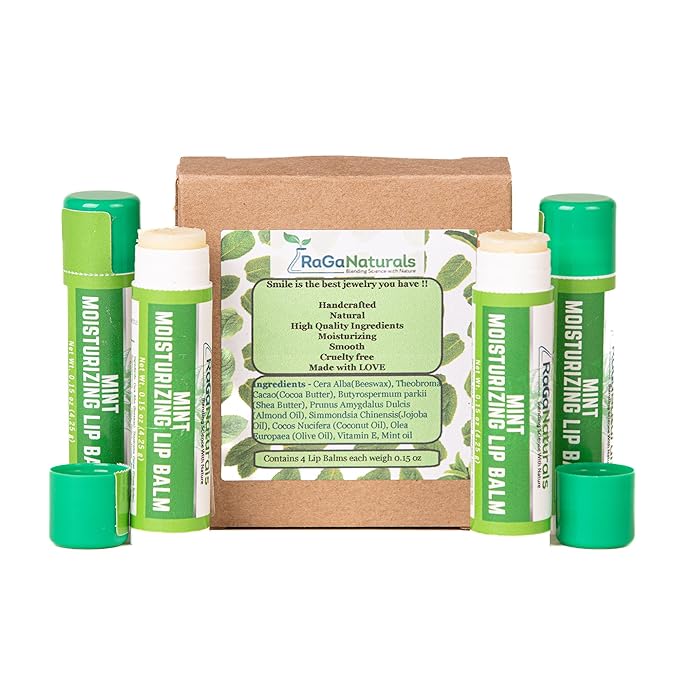 Handmade Moisturizing Mint Lip Balm - All Natural, All Day Hydration, Smooth & Soft Care for Women, Men and Kids - Original Beeswax, Shea Butter, Jojoba Oil, Vitamin E - Pack of 4