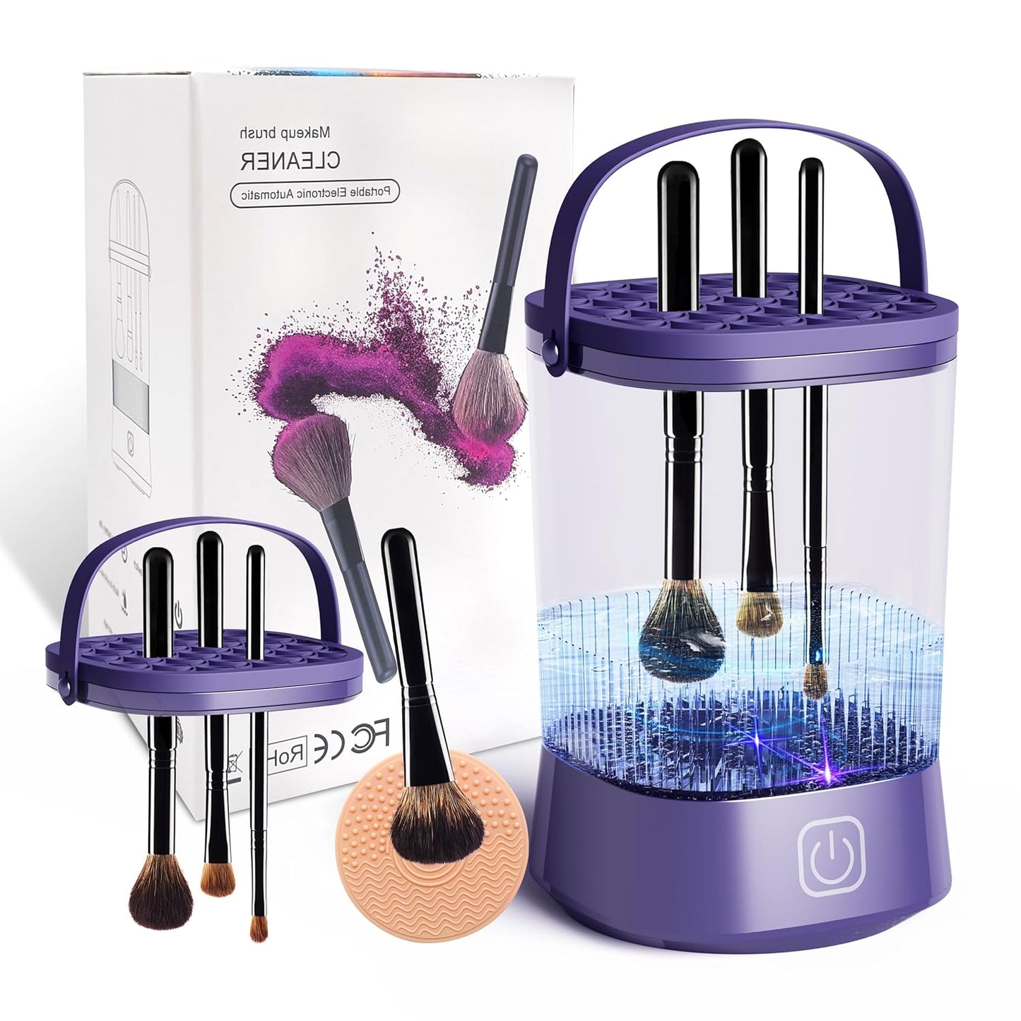 Electric Makeup Brush Cleaner Machine, Automatic Spinning Make up Brush Cleaner with 1200 mAh Rechargeable Battery, Portable Cosmetic Brush Cleaner Dryer Tool for All Size Makeup Brush (Purple)