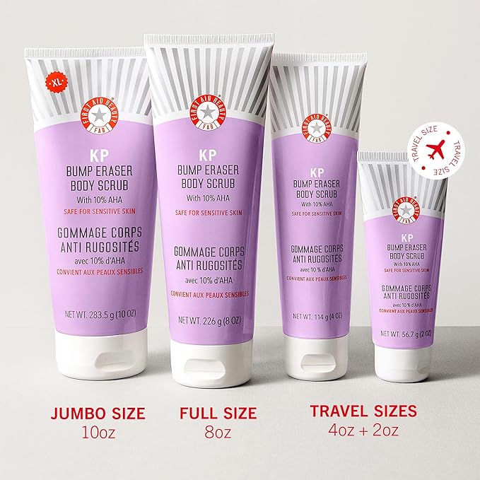 First Aid Beauty - KP Bump Eraser Body Scrub with 10% AHA, Keratosis Pilaris Skin Exfoliater with Glycolic and Lactic acids, Helps Reduce Chicken Skin Bumps, Safe for Sensitive Skin, 8 oz, 2ct