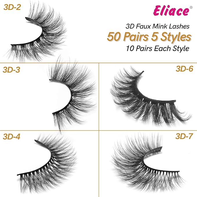 Eliace Eyelashes, (50 Pairs,5 Styles) Luxurious Faux Mink Lashes Natural Look Wispy Fluffy Handmade Cat Eye False Lash Pack, False Eyelashes Set, Fake Lashes Strips, Makeup Fake Eyelashes Pack