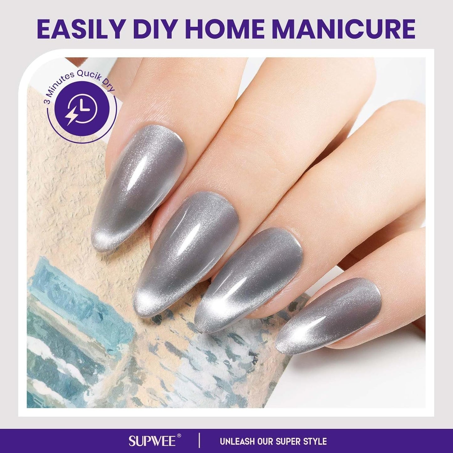 Quick Dry Cat Eye Nail Polish, Silver Magnetic Nail Polish Shimmer Glitter with Magnet High Glossy Fingernail Air Dry Fast Manicure DIY Salon Fall Colors