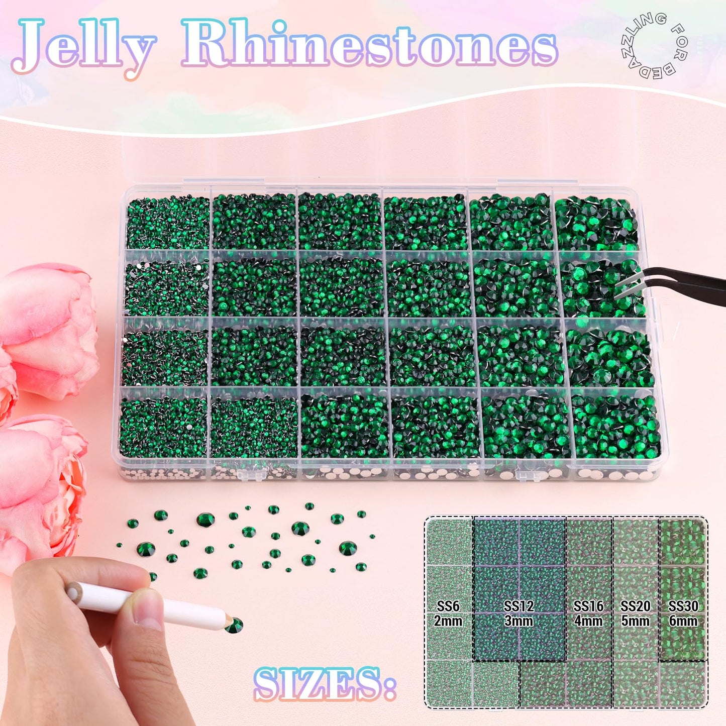 25000Pcs Resin Rhinestones with B7000 Jewelry Glue for Crafting, Dark Green 2-6mm Non Hotfix Flatback Gems, Bedazzling Crystal for DIY Crafts Clothing Tumblers Mugs Shoes Fabric Decor Nail Art