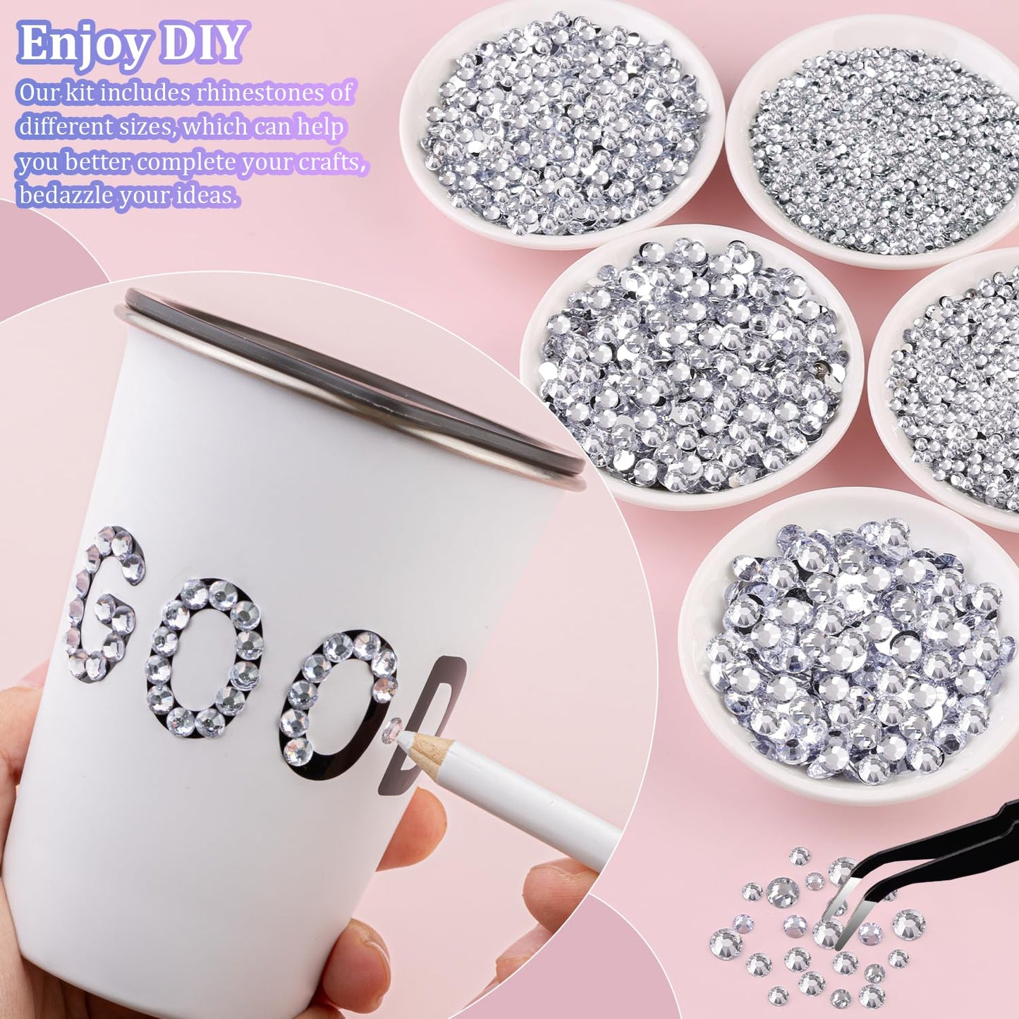 25000Pcs Resin Rhinestones with Tweezers for Crafting, Silver Clear 2-6mm Mixed Sizes Flatback Gems, Bedazzling Crystal for DIY Crafts Clothing Tumblers Mugs Shoes Fabric Decor Nail Art