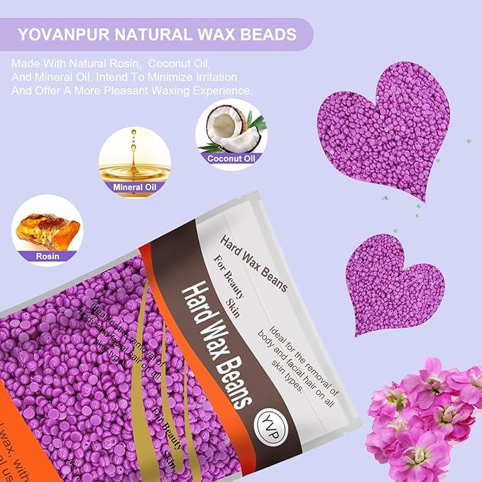 Hard Wax Beads for Hair Removal, Waxing Beans for Sensitive Skin (Violet), 10.5 Ounce/bag with 10pcs Wax Sticks