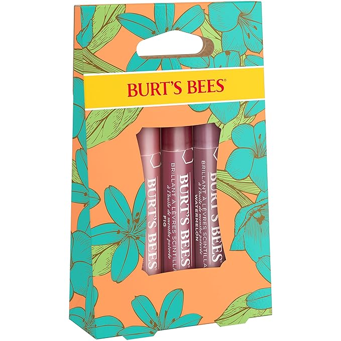 Burt's Bees Lip Balm Spring Gifts, 3 Nourishing Lip Care Shimmers for All Day Glow, Kissable Color Spring Gift Set -Peony, Fig & Rhubarb (Packaging May Vary)
