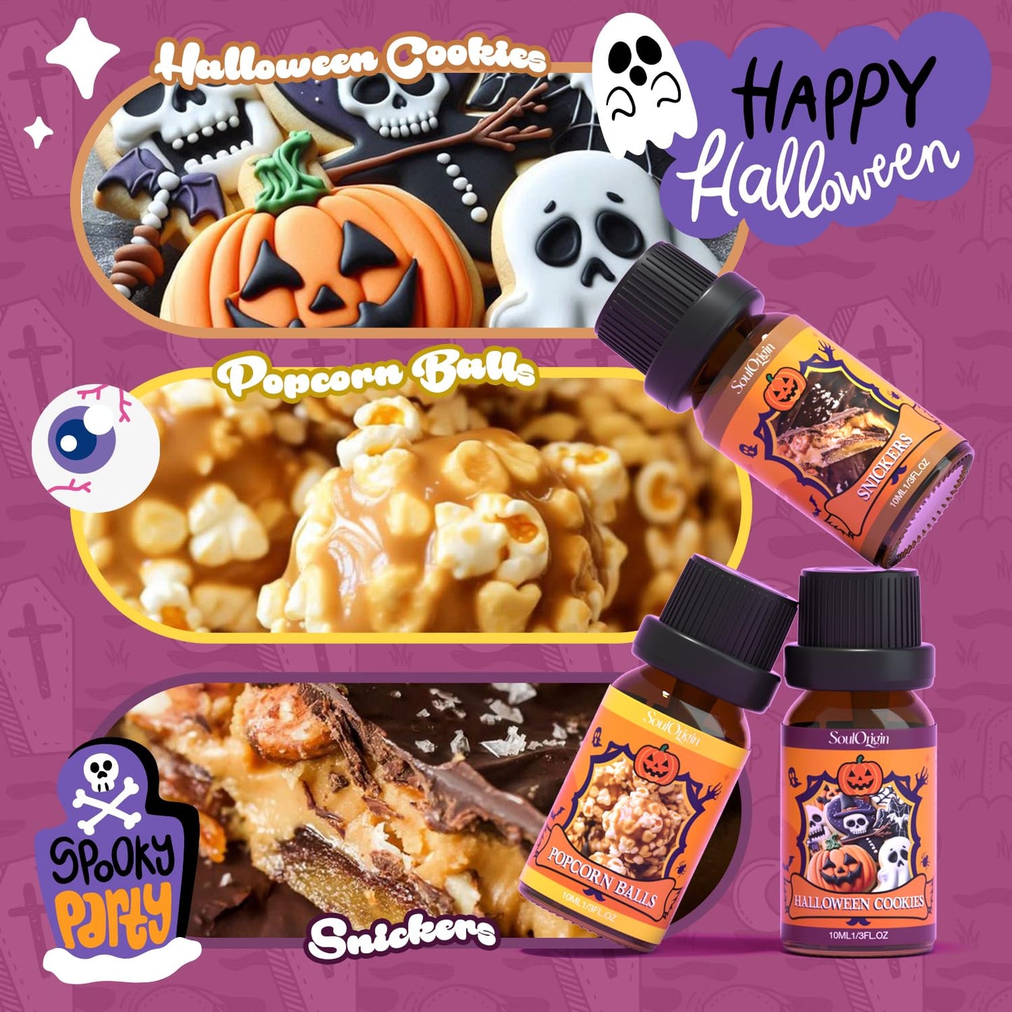 Halloween Fragrance Oils Set, Essential Oil for Diffuser, Diffuser Oil, Use for Soap Candle Making,Caramel Apples, Pumpkin Pie, Candy Corn, Halloween Cookies, Popcorn Balls, Snickers Bars