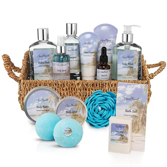 Bath Spa Gift Sets - Luxury Basket With Ocean & Coconut - Spa Kit Includes Wash, Bubble Bath, Lotion, Bath Salts, Body Scrub, Body Spray, Shower Puff, Bathbombs, Soap in Wooden Basket