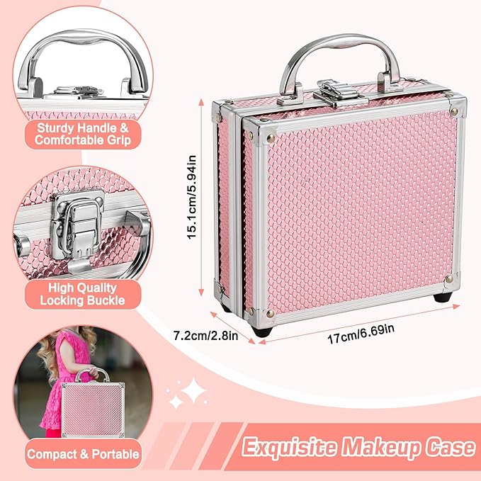 Anpro All-In-One Makeup Carry Case with Pro Teen Makeup Set, Full Starter Cosmetics Kit with Makeup Brushes, Eye Shadows Palette, Blushes, Glitter Gel, Temporary Tattoo Stickers - Blue