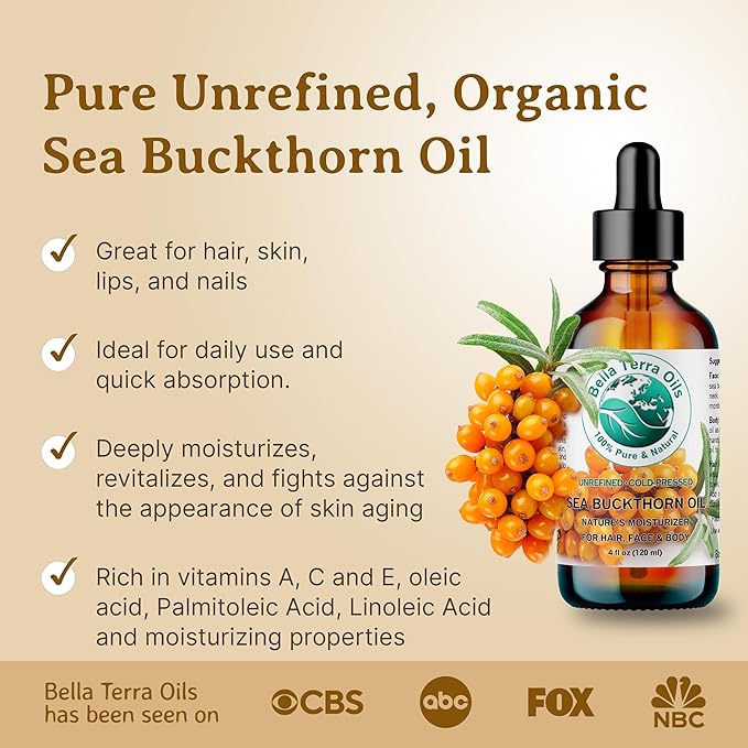 Bella Terra Oils - Sea Buckthorn Oil 8 oz - The Ultimate Elixir from Nature's Bounty, Rich in Flavonoids & Essential Fatty Acids, Gilded Luxe for Your Face
