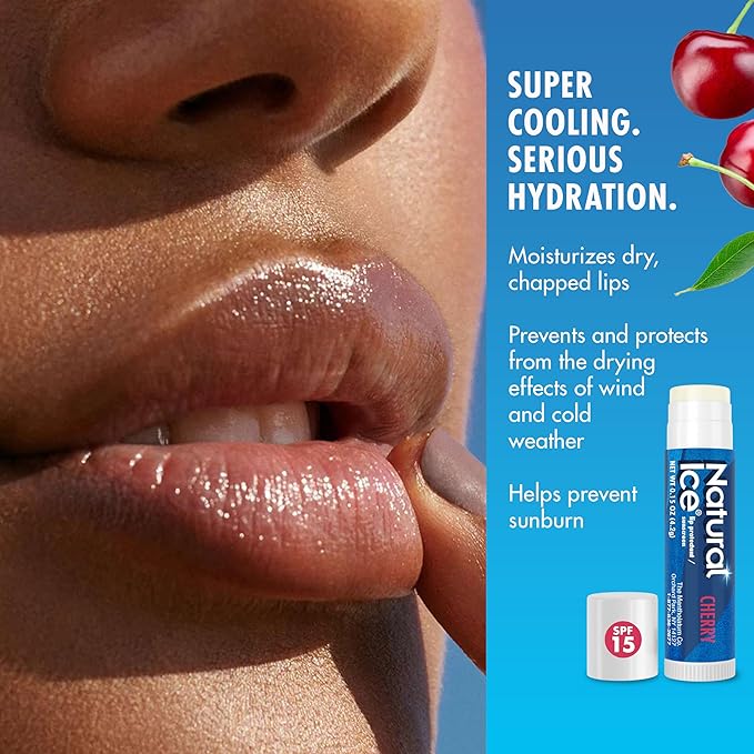 Mentholatum Natural Ice Cherry Flavor Medicated Lip Balm, Hydrating Lip Care for Dry, Chapped Lips, Moisturizing Formula with SPF 15 Helps Prevent Sunburn, Protection for Smooth, Soft Lips 48 Count