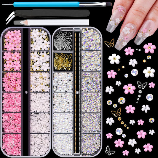 3D Nail Charms, Butterfly White Pink Flower Starry AB Gemstones Caviar Beads Half Round Pearl, Flat Back Glass Crystal AB + Transparent Clear Round Rhinestones for Nails with Pickup & Dotting Tools