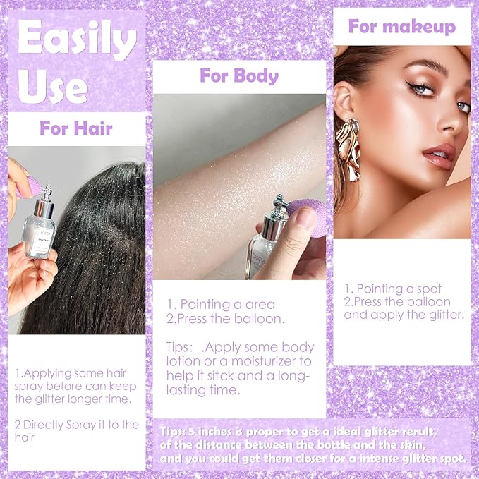Yosca Highlighter Powder Spray, 20ML Cosmetic Grade Shimmer Powder Diamond Glitter Spray Sparkle Highlighter Makeup Festival Concert Accessorise for Rave Clothes Hair Face Nail Art - Silver Dust