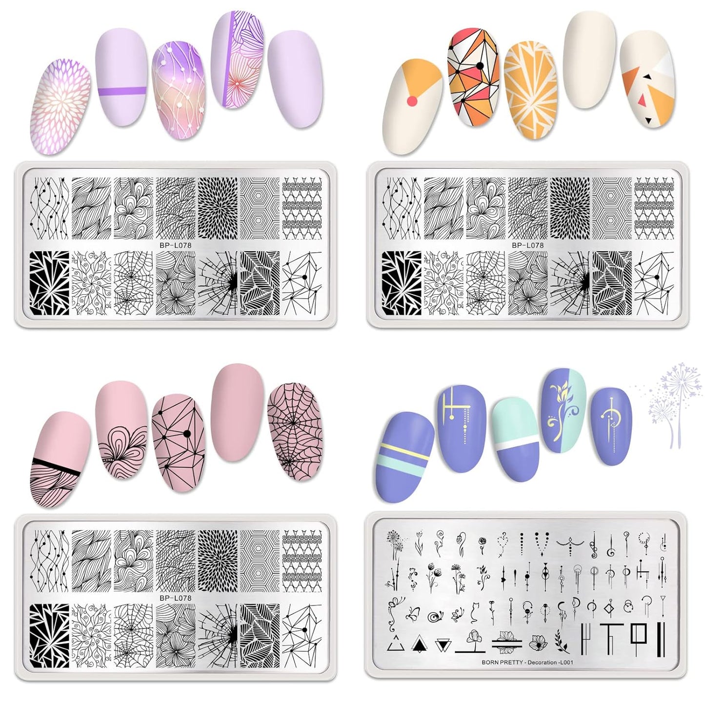 Born Pretty Nail Stamping Plates Set Plaid Flowers Leaves Lace Nail Art Image Plates Spring into Winter Stamp Templates Kit Image Manicuring DIY Printing Tools 8PCS