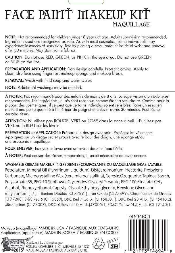 Forum Novelties Costume Day of The Dead Face Paint Makeup Kit, Net Wt. 14 g/.5 Oz