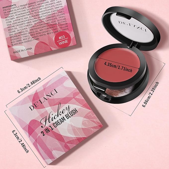 DE'LANCI Hydrating Cream Blush for Cheeks & Lips & Eyeshadow, Creamy & Long-lasting Waterproof Blush Balm, Lightweight Matte Blush for natural look, Travel Size, Highly Pigmented, Built-in Brush, Wine