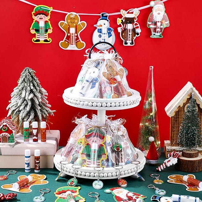 Henoyso 150 Pcs Christmas Favors 5 Styles Lip Balm Bulk Moisturizing Lip Balms Acrylic Keychains with Organza Bags for Xmas Holiday Treat Gifts Women Christmas Stocking Stuffers Party Supplies