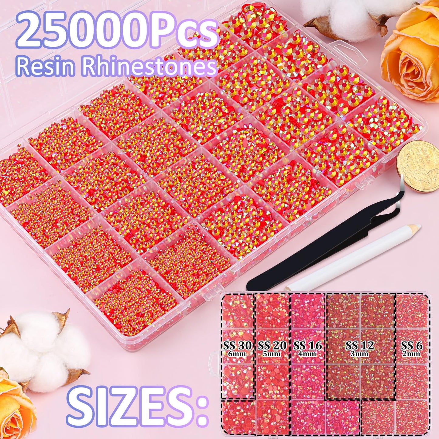 25000Pcs Resin Jelly Rhinestones with Tweezers for Crafting, Red AB Flatback Gems, Bedazzling Crystal with 3Pcs 10ml B7000 Jewelry Glue for DIY Crafts Clothing Tumblers Shoes Fabric Nail Art