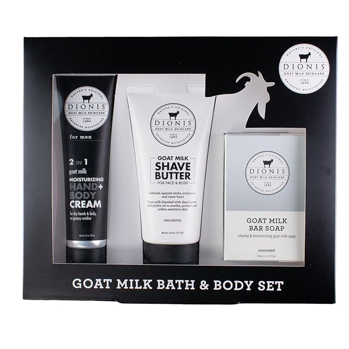 Dionis Goat Milk Skincare Men's Unscented Bath & Body 3pc Gift Set - Blended Shea Butter & Jojoba Oil Shave Butter For Sensitive Skin, Unscented Hydrating Moisturizer & Nourishing Bar Soap For Men