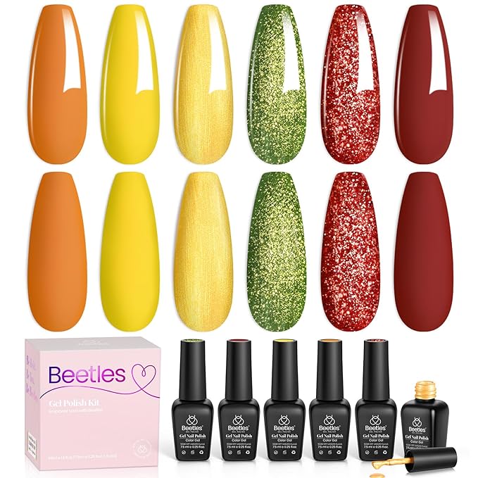 Beetles Fall Gel Nail Polish Set, 6Pcs Yellow Orange Burgundy Red Green Gel Polish Golden Glitter Nails Kit Autumn Realm Collection DIY Nail Art Gifts for Women