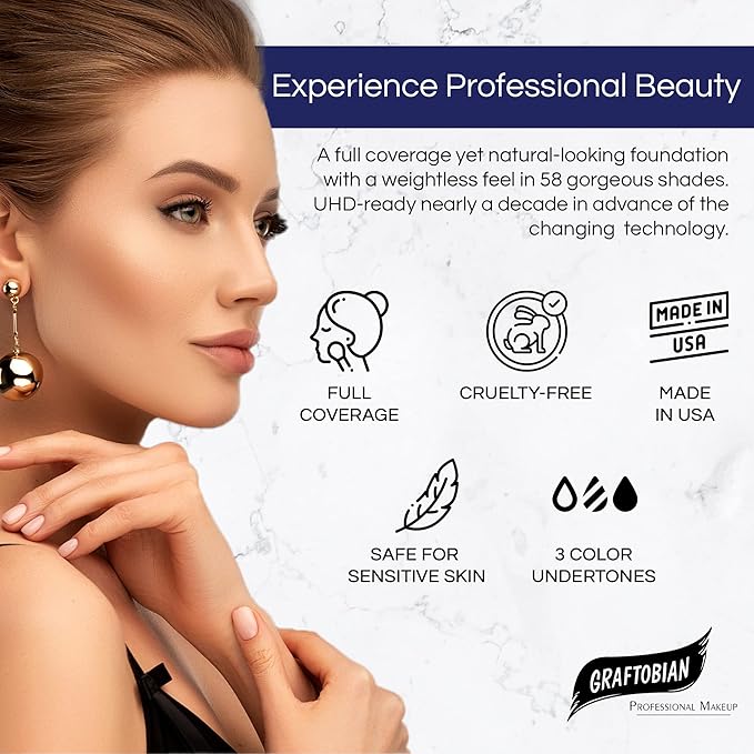 Graftobian HD Glamour Crème Foundation 1/2oz, Weightless Full Coverage Makeup, 65 Inclusive Shades, For All Skin Types, Natural or Full-Glam Looks, For Professionals and Beginners, Enchantress