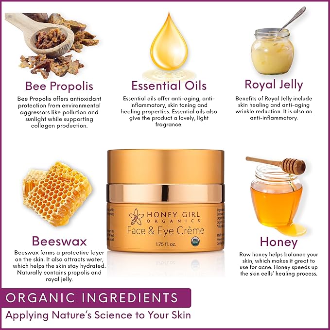 Honey Girl Organics Face & Eye Crème, USDA Certified Organic Facial Moisturizer & Under Eye Cream for Wrinkles, Dark Circles and Puffiness w/Hydrating Honey, Beeswax, Essential Oils & EVOO. 1.75oz