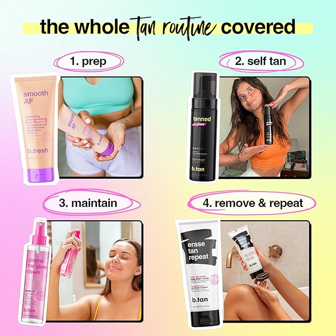 b.tan Dark & Long Lasting Self Tan Kit | Besties Bundle - Dark Tanning Mousse Duo with Mitt Applicator Glove, 1 Hour Express, Fast Sunless Tanner, Face & Body, No Fake Tan Smell, Vegan & Cruelty Free