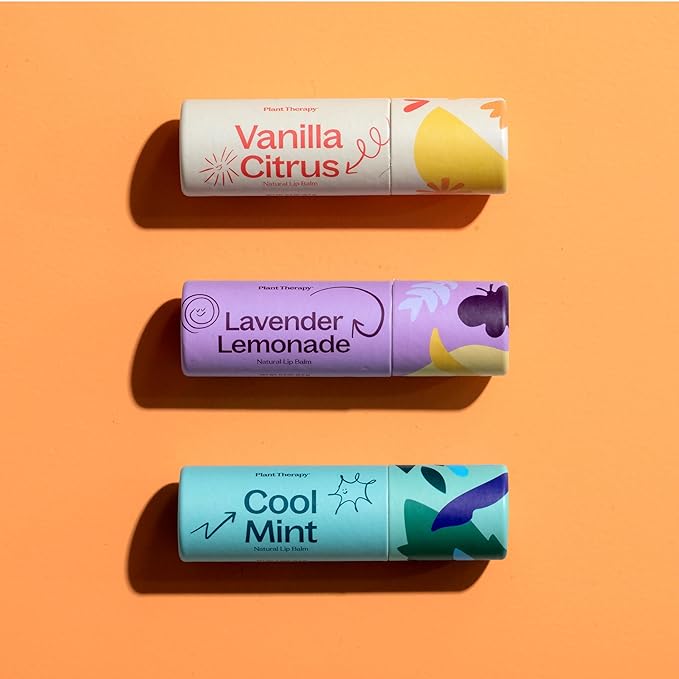 Plant Therapy Love Your Lips Lip Balm Trio Set 0.9 oz (25.5 g) Simple, Natural Ingredients & Packaged in Eco-Friendly Recyclable Cardboard, Refreshing Flavors Including: Lavender Lemonade, Vanilla Citrus, Cool Mint