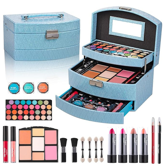 Hot Sugar Girls Makeup Kit for Birthday Gift, All in One Beginner Makeup Kit for Women Full Kit, Christmas Makeup Set for Teens 10 12 13 16 Includes Real Cosmetics and Makeup Tools (BLUE)