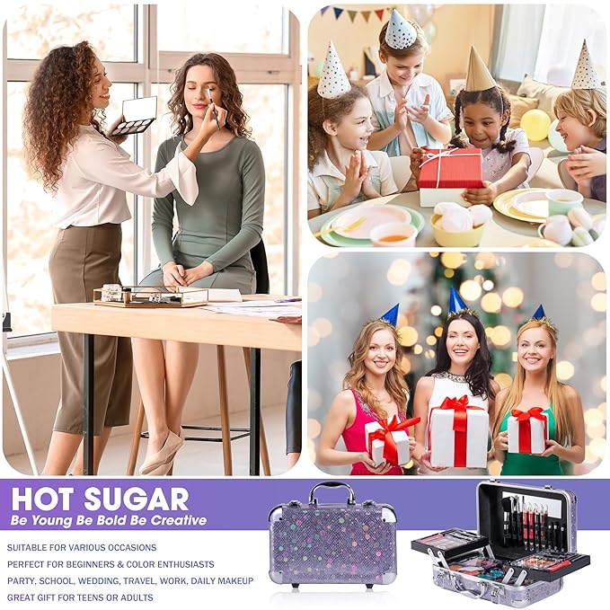 Hot Sugar Makeup Kit for Girls 10-12, Teen Girls Makeup Set for Beginners With Eye Shadow Palette, Blush, Lip Gloss, Brush, Mirror (Colored Bubble)