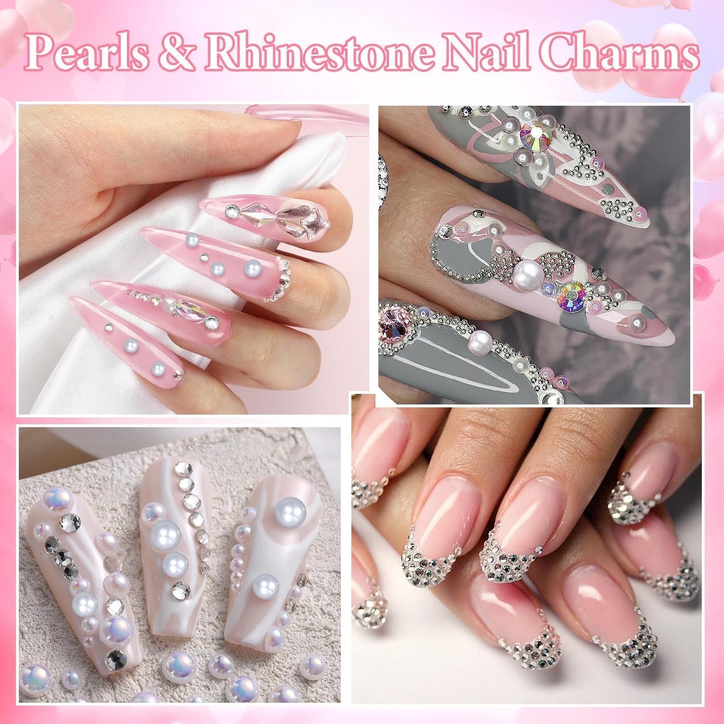 3D Nail Charms and Gems, Mix Flower Bow Heart Colorful Acrylic Nail Art Charms, Mix Nail Pearl Rhinestones and Caviar Beads for Nails, Cute Hollow Pearls Jewelry for Art Design DIY Crafts