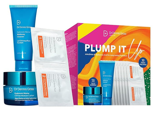 Dr Dennis Gross Plump It Up Kit: 3 Piece Dry Skin Essentials Set: Includes Hyaluronic Marine Moisture Cushion, Universal Daily Peel 10 App, Hyaluronic Marine Meltaway Cleanser