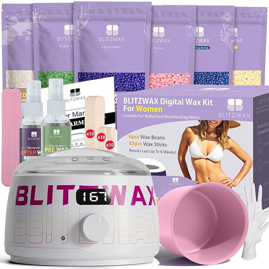 BLITZWAX Brazilian and Bikini Waxing Kit for Women, Hard Wax Warmer for Face, Legs, and Body, At Home Hair Removal Kit, Beginner Friendly, Quick Heating, Frost Reverb Digital Wax Pot