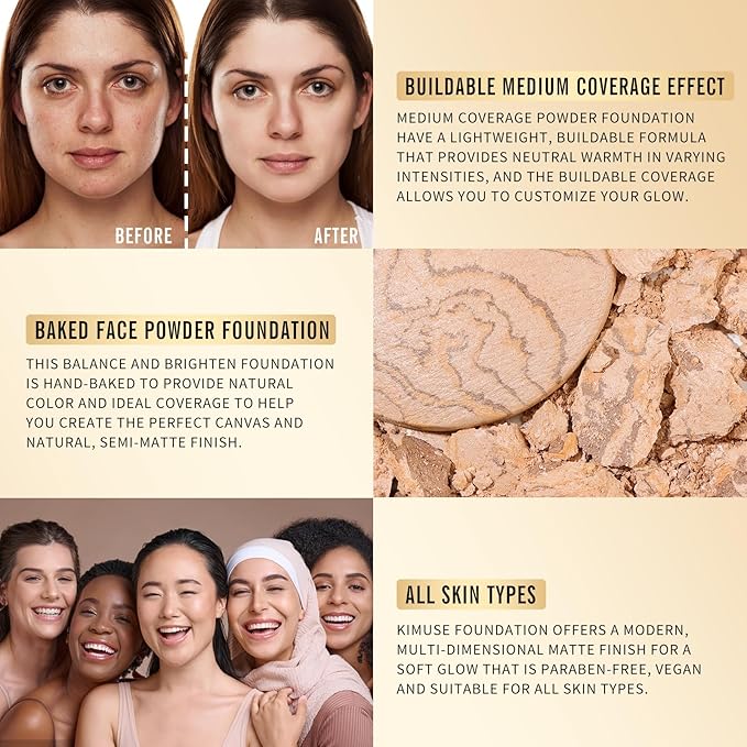 KIMUSE Lighting Glow Baked Foundation, Brighten Color, Color Corrector, Buildable Coverage, Lightweight Powder Foundation, Radiant Natural Finish