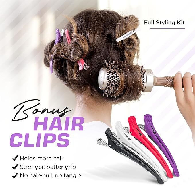 Fagaci Professional Large Round Brush with Natural Boar Bristles for Blow Drying, Nano Technology Ceramic+Ionic for Hair Styling, Volumizing and Healthy Hair - 4 Styling Clips Included