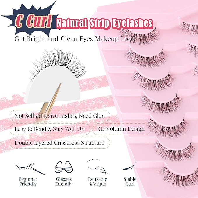 Eyelashes Natural False Lashes 14mm Eye Lashes with Thin Band 3D Volume Fake Eyelashes C Curl Wispy Lashes Natural Look 7 Pair